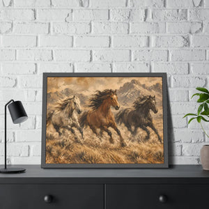 Framed paper poster – wild horses running through mountain landscape - posters