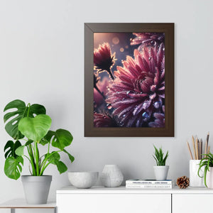 Chrysanthemum with dew drops framed vertical poster - posters