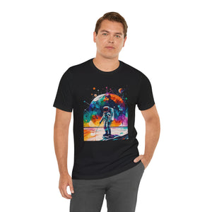 An astronaut in a vibrant background, Unisex Jersey Short Sleeve Tee