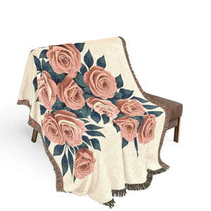 Woven Blanket — Vintage Rose Floral Throw Blanket (Pink & Teal Options)