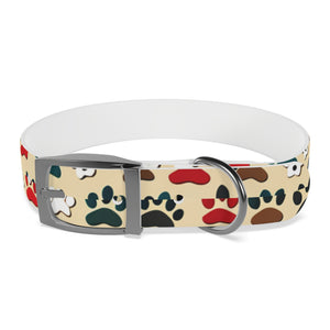 Paw Print Dog Collar — Colorful Red, Teal & Brown Paw Pattern
