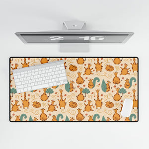 Cute Orange Cat Pattern Desk Mat — Large Playful Mouse & Floral Gaming/Office Desk Pad