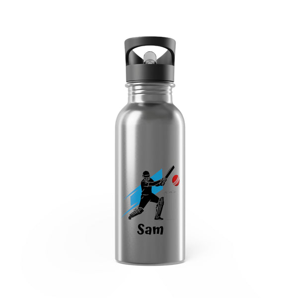 Cricket Player Stainless Steel Water Bottle — 20oz Sports Bottle with Straw (Personalized Name)