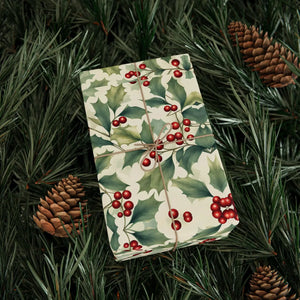 Holiday Holly Wrapping Paper Roll — Vintage Green & Red Mistletoe Pattern