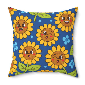 Sunny Smiles Decorative Pillow — Cute Cartoon Sunflower Throw Pillow