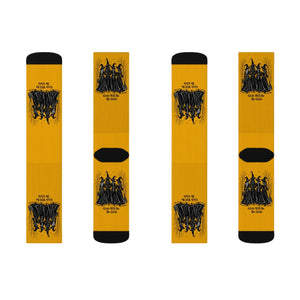 Witches Graphic Socks — Yellow Sublimation Crew Socks with “Girls will be girls” Design