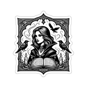 Die-cut sticker cut to the outline of a witch bent over an open spellbook