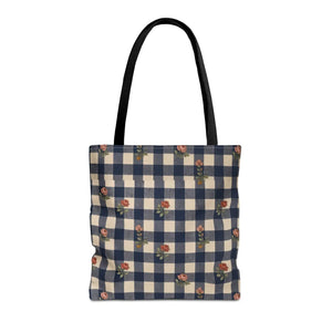 Gingham Rose Tote Bag — Vintage Navy Check Floral All-Over Print Tote