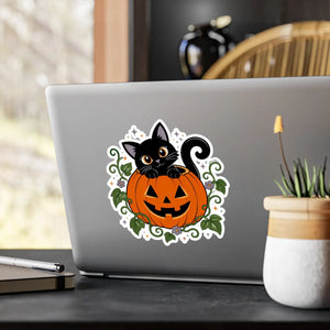 Halloween black cat pumpkin kiss-cut vinyl decal - home decor decals
