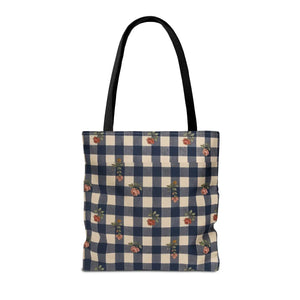 Gingham Rose Tote Bag — Vintage Navy Check Floral All-Over Print Tote
