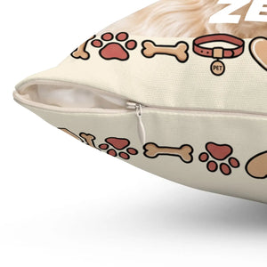Personalized Dog Photo Pillow — Custom Pet Name "ZEUS" Square Throw Pillow, Cute Heart & Paw Border