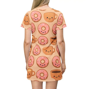Cute donut and coffee t-shirt dress casual summer kawaii fashion gift for her loungewear - dresses