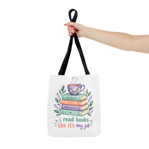Book Lover Tote Bag — “I Read Books Like It’s My Job” Illustrated Stack & Tea