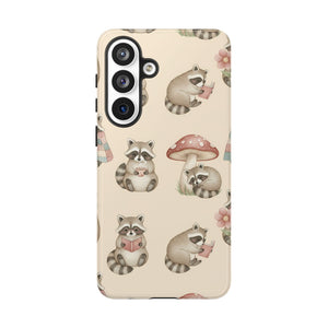 Cute Raccoon Pattern Phone Case – Beige Mushroom & Floral Tough Cases