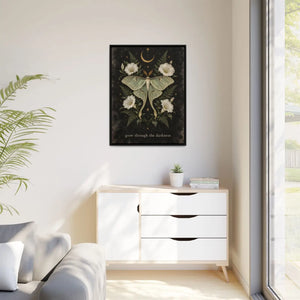Framed canvas wall art luna moth “grow through the darkness” botanical decor - printable