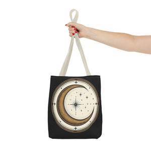 Celestial Crescent Moon Tote Bag – Vintage Starry Night AOP Canvas