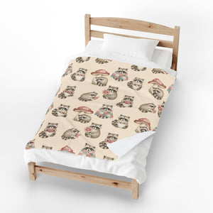Velveteen Plush Blanket — Cozy Woodland Raccoon & Mushroom Throw