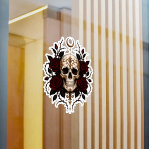 Skull and red roses kiss-cut vinyl decal - home decor decals
