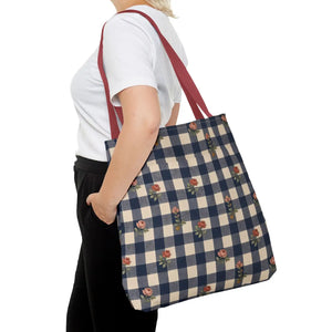 Gingham Rose Tote Bag — Vintage Navy Check Floral All-Over Print Tote