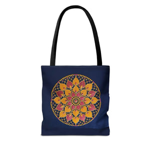 Mandala Floral Tote Bag — Vibrant Boho Lotus Design on Navy