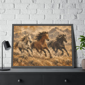 Framed paper poster – wild horses running through mountain landscape - posters