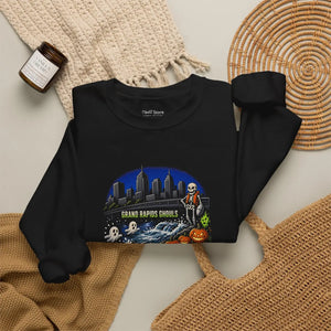 Haunted halloween grand rapids skyline crewneck sweatshirt - sweatshirts
