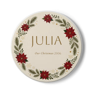 Personalized Poinsettia Christmas Ceramic Coaster — Custom Name & Date Holiday Drink Mat