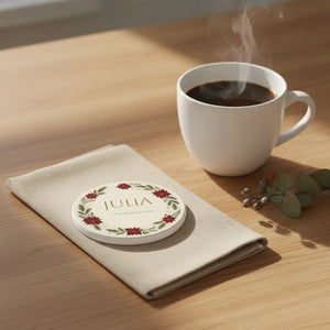 Personalized Poinsettia Christmas Ceramic Coaster — Custom Name & Date Holiday Drink Mat