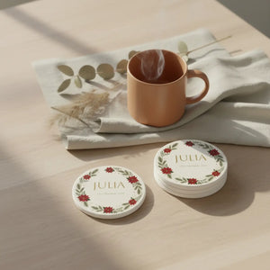 Personalized Poinsettia Christmas Ceramic Coaster — Custom Name & Date Holiday Drink Mat