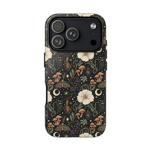Mystic Night Floral Phone Case — Moon, Moths & Mushroom Pattern Tough Case
