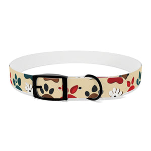 Paw Print Dog Collar — Colorful Red, Teal & Brown Paw Pattern