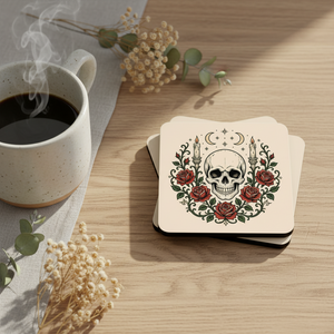 Skull & Roses Cork Coaster Set — Gothic Candle Altar Drink Protectors