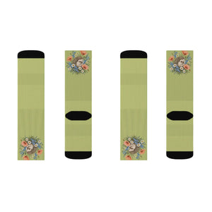 Floral Bouquet Sublimation Socks — Green Vintage Flower Crew Socks