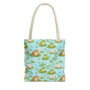 Frog Pond Pattern Tote Bag — Cute Lily Pad Frog All-Over Print Tote