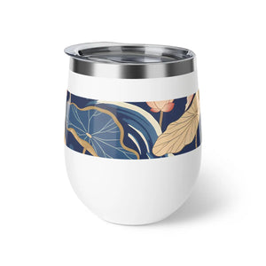 12oz Insulated Wine Tumbler, Navy Botanical Lotus Leaf Design - Tumblers