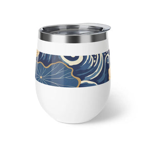12oz Insulated Wine Tumbler, Navy Botanical Lotus Leaf Design - Tumblers