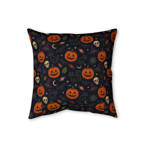 Halloween Pumpkin & Skull Faux Linen Pillow — Spooky Jack-o'-Lantern Decorative Cushion