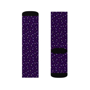 Purple Crescent Moon Sublimation Socks — Mystical Night Sky Crew Socks
