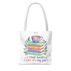 Book Lover Tote Bag — “I Read Books Like It’s My Job” Illustrated Stack & Tea
