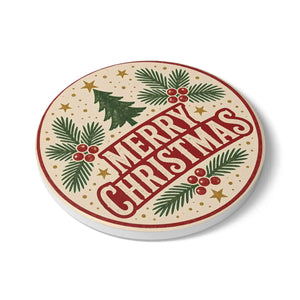 Merry Christmas Ceramic Coaster — Retro Holiday Pine & Holly Drink Protector