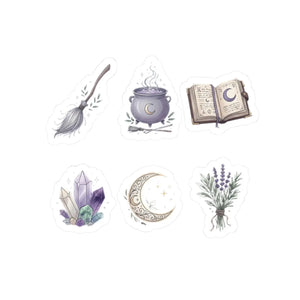 DipaliZ witchy sticker pack shown at the 6 by 6 inch laptop size