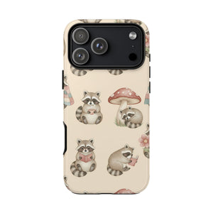 Cute Raccoon Pattern Phone Case – Beige Mushroom & Floral Tough Cases