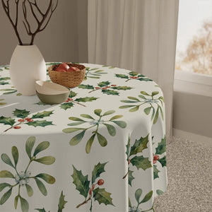Holly & Mistletoe Tablecloth — Festive Christmas Holiday Dining Decor