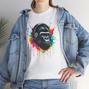 A Gorilla with a headphones with splashes of color, Unisex Heavy Cotton Tee