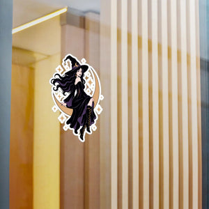 Mystical witch on crescent moon kiss-cut vinyl decal - home decor decals