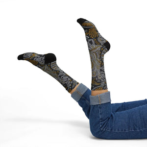 Paisley Pattern Sublimation Socks – Black & Gold Paisley Crew Socks