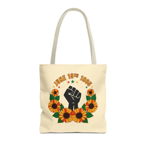 Juneteenth celebration tote bag – ’june 19th 1865’ sunflower & black power fist aop - bags