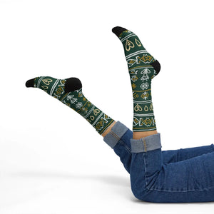 Green Nordic Heart Pattern Sublimation Socks — Festive Holiday Crew Socks