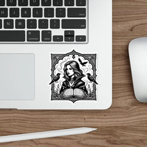 DipaliZ witch with ravens die-cut vinyl sticker, gothic spellbook line art