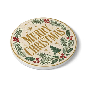 Merry Christmas Ceramic Coaster — Festive Holiday Drink Coaster with Pine & Holly Design